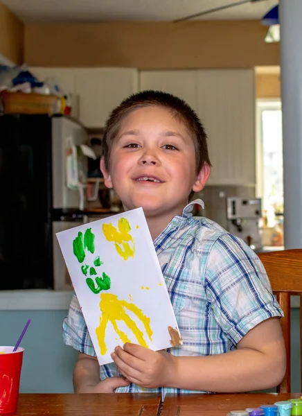 Proud Little Boy Shows Hand Painted Card Just Made — Stock Photo, Image