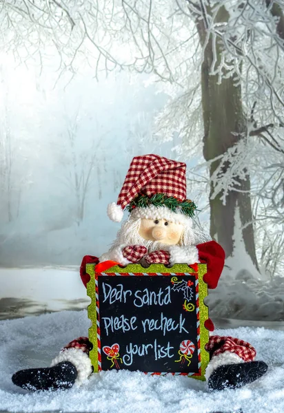 Rag Doll Santa Clause Sits Winter Scene Cute Sign — Stock Photo, Image