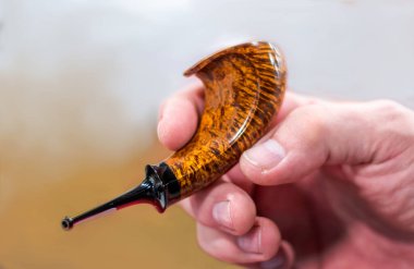 Adamın eli, çok güzel cilalanmış ve en sevdiği tütünü elinde tutan dikenli bir boruyu tutuyor.