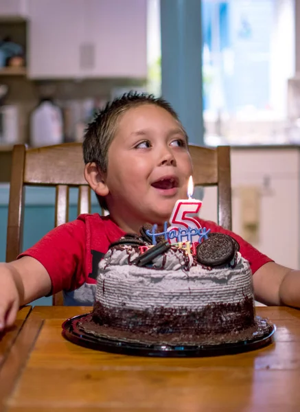 Young Boy Smiles Sits Lovely Cake His 5Th Birthday — Stock Photo, Image