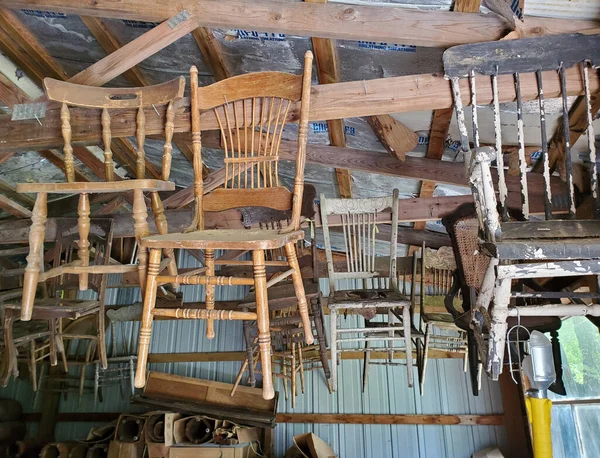 Dozens Old Chairs Hang Ceiling Old Barn Also Antique Shop — Foto de Stock