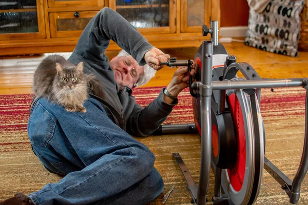 Homme Âgé Assemble Vélo Appartement Avec Peu Aide Son Chat — Photo