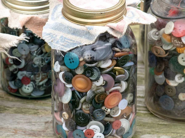 Glass Jars Hold Hundreds Buttons All Shapes Colors Sizes — Stock Photo, Image