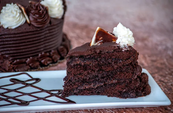 Delicious Slice Deep Chocolate Cake Whipped Cream Triangle Chocolate — Photo