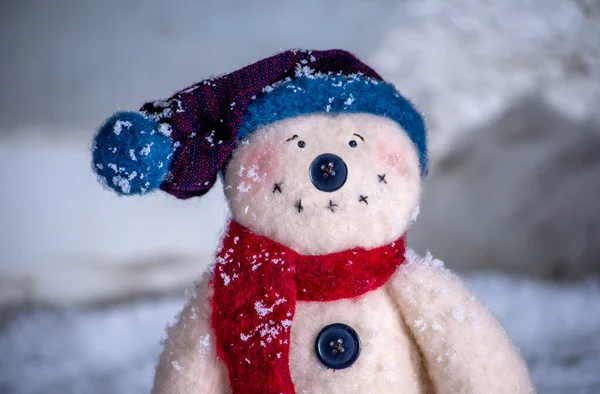 Retrato Muñeco Nieve Sonriente Con Una Nariz Botón Una Gorra — Foto de Stock