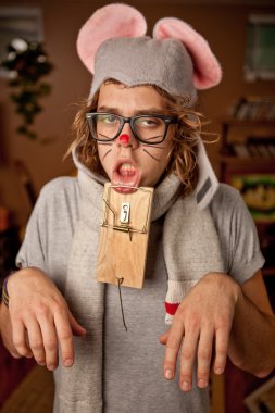 Man wearing a mouse costume got trapped clipart