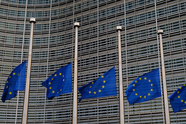European flags in front of European Council and European Commission in Brussels at half-mast following the passing of Queen Elizabeth II of the United Kingdom in Brussels, Belgium on Sept. 9, 2022.