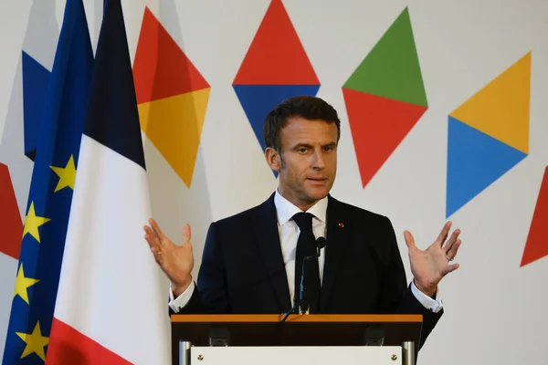 French President Emmanuel Macron Speaks Media Conference End Summit Prague — Stock Photo, Image