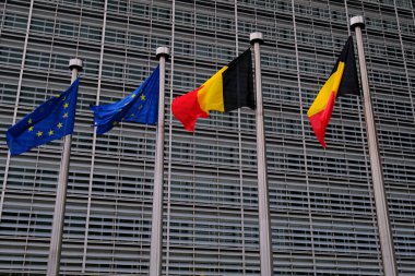 Belçika ve Avrupa bayrakları 21 Temmuz 2022 'de Brüksel, Belçika' daki AB genel merkezinin önünde dalgalandı