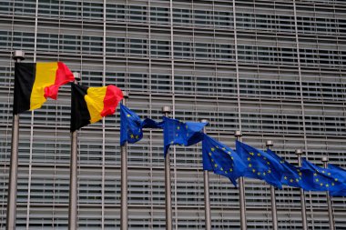 Belçika ve Avrupa bayrakları 21 Temmuz 2022 'de Brüksel, Belçika' daki AB genel merkezinin önünde dalgalandı