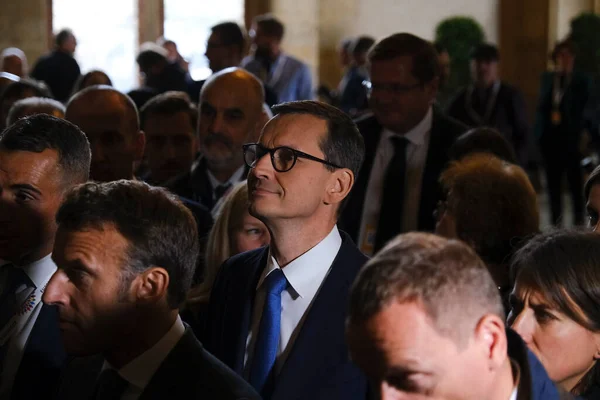 Polský Premiér Mateusz Morawiecki Přichází Pózovat Rodinnou Fotografii Summitu Evropské — Stock fotografie