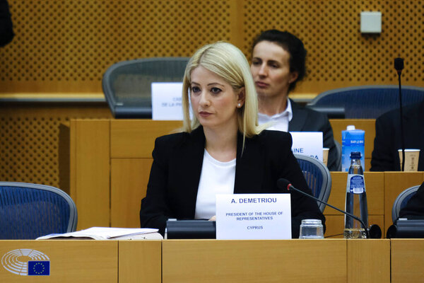 Annita Demetriou, Speaker of the House of Representatives of Cyprus visits the  European Parliament in Brussels, Belgium on October 12, 2022.