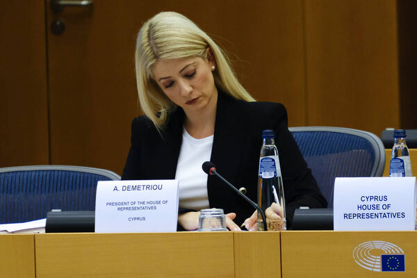 Annita Demetriou, Speaker of the House of Representatives of Cyprus visits the  European Parliament in Brussels, Belgium on October 12, 2022.