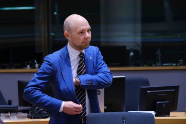 Petri Salminen, 19 Ekim 2022 'de Brüksel, Belçika' da düzenlenen üçlü sosyal zirvenin başlangıcında.