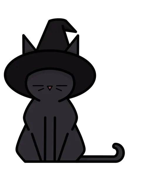 Fekete macska hegyes boszorkány kalap lapos művészet. Wiccan ismerős szellem, Halloween vagy pogány boszorkányság téma faliszőnyeg nyomtatás tervezés — Stock Fotó