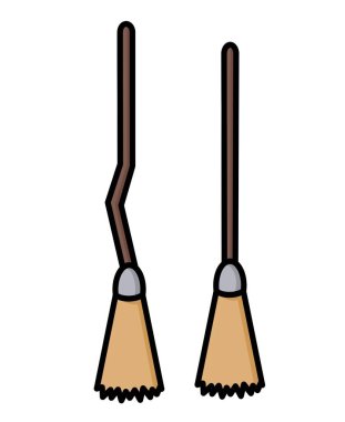 Uzun ahşap bir sapın üzerindeki dallardan yapılmış bir süpürge. Çizim. Beyaz arka planda izole edilmiş temizlik aracı. Cadılar süpürge sapı. Cadılar Bayramı aksesuarı.