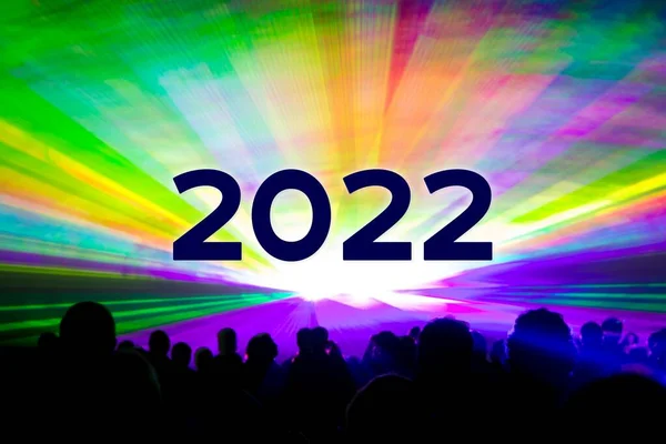 Happy New Year 2022 Colorful Laser Show Party People Crowd — стоковое фото