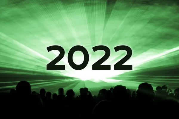 Happy New Year 2022 Green Laser Show Party People Crowd — стоковое фото