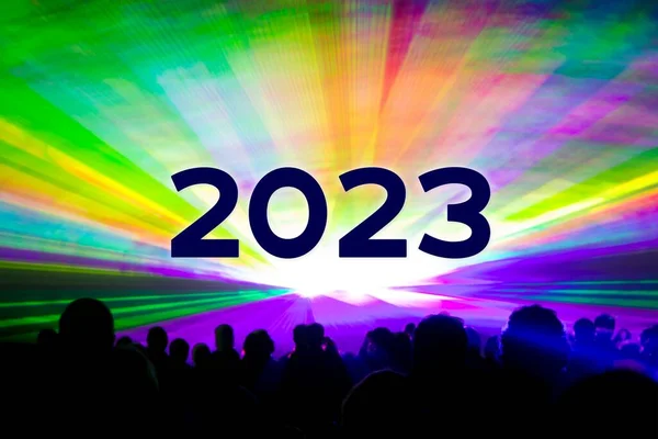 Happy New Year 2023 Colorful Laser Show Party People Crowd — Foto Stock