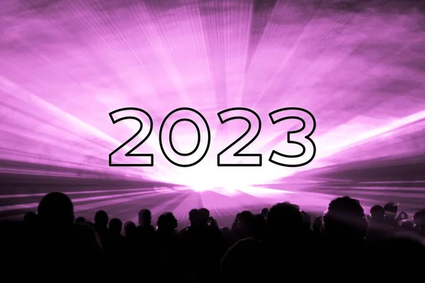 Happy New Year 2023 Pink Laser Show Party People Crowd — Foto Stock
