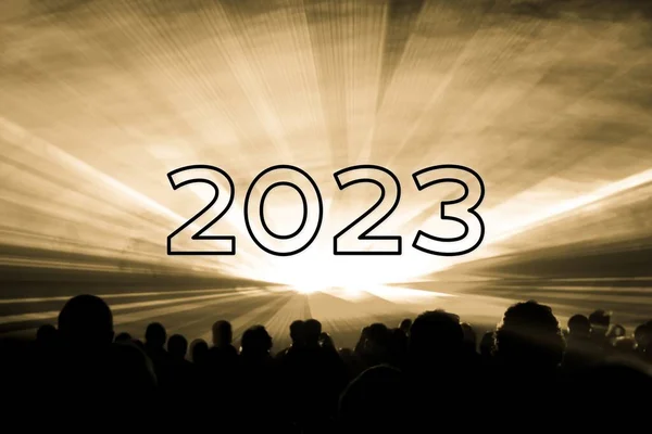 Boldog Évet 2023 Sárga Lézer Show Party Emberek Tömeg Luxus — Stock Fotó