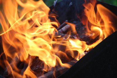 Şenlik ateşinin yanan külleri. Kamp ateşinde yangın yakın planda..