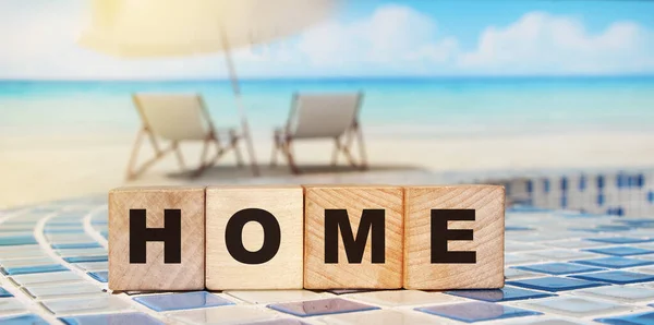 Wooden Cubes Word Home Home Wooden Background Emigration Consept — Stock Photo, Image
