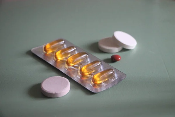 Pilules Comprimés Oméga Capsules Huile Onagre Concept Soins Santé — Photo