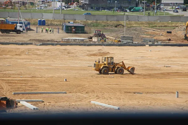 Canteiro Obras Com Equipamento Construção Novo Bairro Residencial — Fotografia de Stock