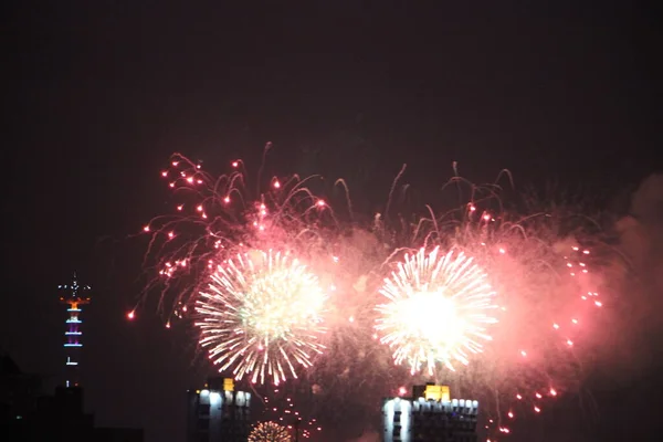 Belos Fogos Artifício Coloridos Fundo Céu Noite — Fotografia de Stock