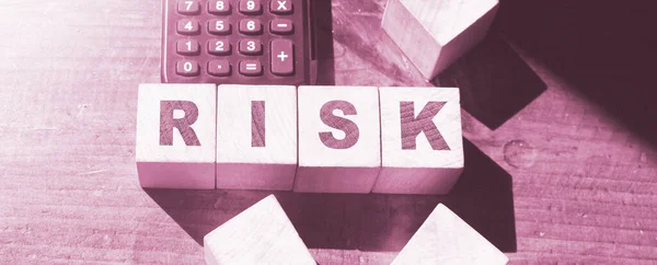 Risk Word Written Wooden Cubes Calculator Financial Risk Assessment Risk — Stock Photo, Image