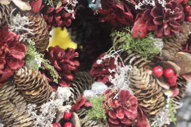 Noel süslemeleri yakın görünüm, şenlik arka planı 