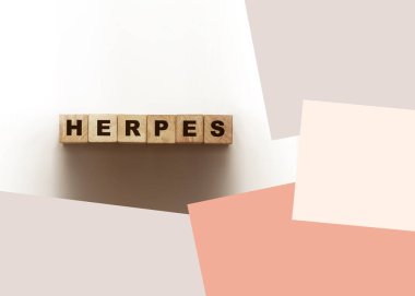Beyaz üzerine tahta bloklardan yapılmış HERPES kelimesi. Sağlık hizmetleri kavramı.