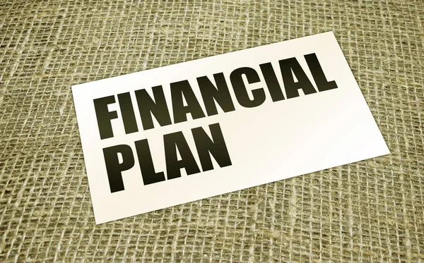Financial Plan Words Card Burlap Canvas Business Debts Concept — Stock Photo, Image