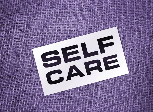 Self Care Text Card Burlap Canvas Healthcare Concept Stay Home — Fotografia de Stock