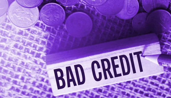 Bad Credit Text Wooden Block Coins Burlap Canvas Crisis Times — Stock Photo, Image