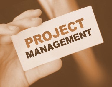 Kart işadamı tutanaklarındaki PROJECT MANAGEMENT sözcükleri. İş stratejisi insan kaynakları HR kavramı.