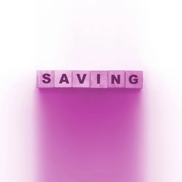 Saving Word Wooden Cubes White Background Shadow Copy Space Text — Stock Photo, Image