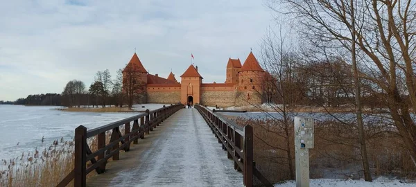 Trakai Island Kasta Řeka Pohled Zimě Populární Turistické Destinace — Stock fotografie