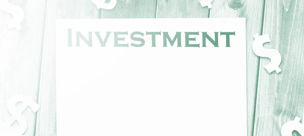 Palavra Investimento Página Sinais Dólar Papel Torno Mesa Madeira Conceito — Fotografia de Stock