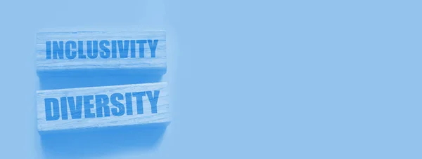 Inclusivity Diversity Words Wooden Block Blue Background Social Tolerance Concept — Stockfoto