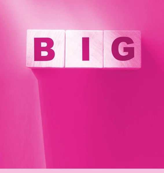 木制立方体在粉色背景上拼写大 技术概念 大企业或观念概念 — 图库照片