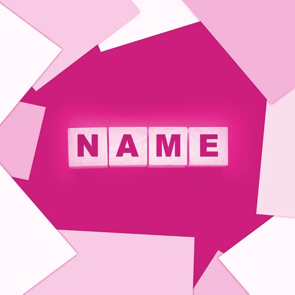 Name Word Wooden Block Pink Blackboard Business Personal Brand Concept — Stok fotoğraf