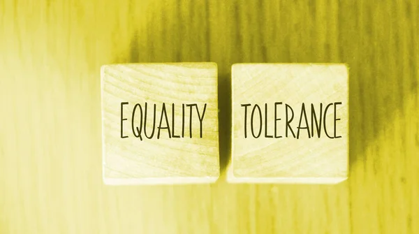木のブロックに書かれた平等許容語 社会的およびビジネス的概念を含む平等な権利 — ストック写真