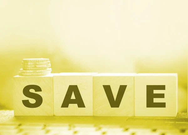 Word Wooden Cubes Computer Keyboard Coins Money Saving Taxes Saving — Stock Photo, Image