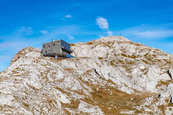 Vue Sur Refuge Cabane Montagne Schiestlhaus Sommet Montagne Hochschwab Temps — Photo