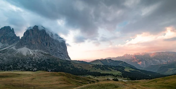 Orange Red Sunset Panorama Dolomites Evening View Sella Pass Dolomites — стоковое фото