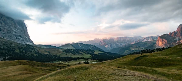 Orange Red Sunset Panorama Dolomites Evening View Sella Pass Dolomites — стоковое фото