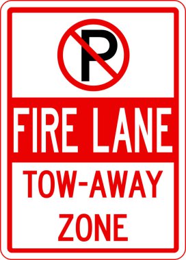İtfaiye şeridi uzaktaki bölge tabelası. Otopark işaretleri ve sembolleri.