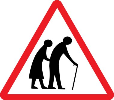 Engelli yayalar muhtemelen yol tabelasını geçerler. Kırmızı üçgen arka plan. Trafik işaretleri ve sembolleri.